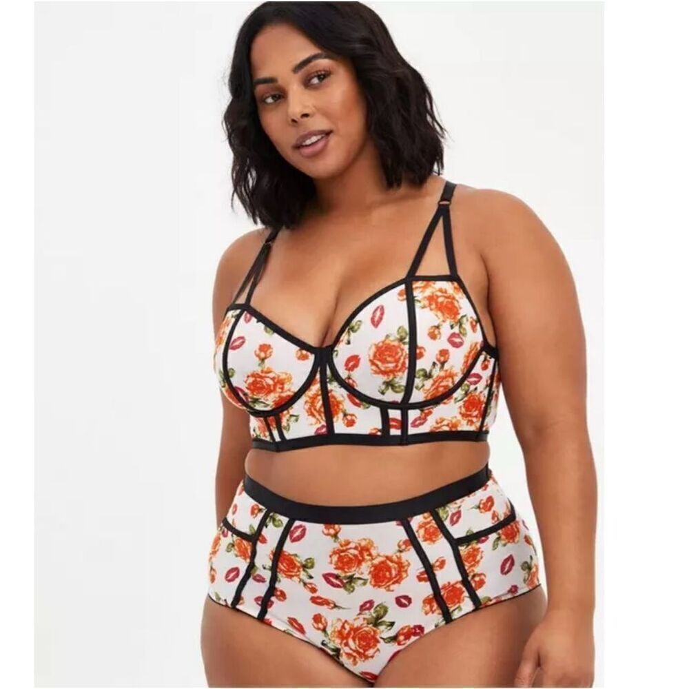 NWT Torrid Curve Unlined Longline Underwire Bra - Mesh Floral Lips Beige Plus 1